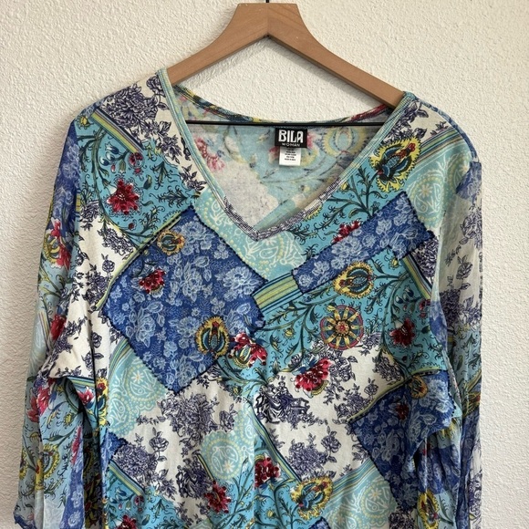 15. Bila Women's 3X Mixed Media Beaded Blouse Floral Blue Paisley Colorful Boho - Picture 2 of 10